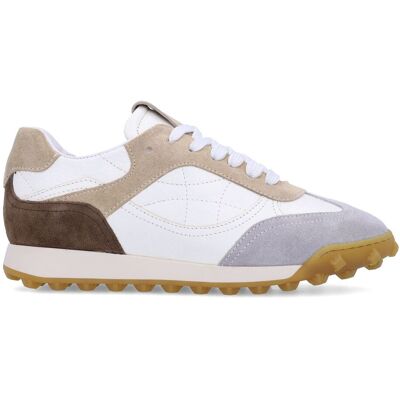 Manfield Witte Leren Sneakers Met Taupe Suède Details Met Veters - Maat 36 grijs Manfield Witte Leren Sneakers Met Taupe Suède Details Met Veters - Maat 36 grijs