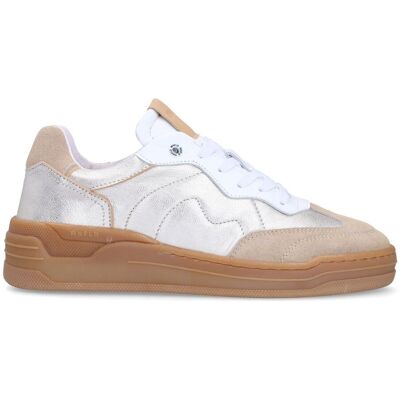 Manfield Zilveren Leren Sneakers Met Beige Suède Details Met Plateau Zool Met Veters - Maat 36 beige Manfield Zilveren Leren Sneakers Met Beige Suède Details Met Plateau Zool Met Veters - Maat 36 beige