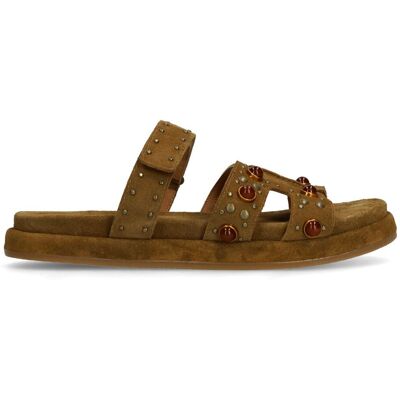 Manfield Bruine Suède Slippers Met Bandje Met Plateau Zool Met Klittenband Sluiting - Maat 41 bruin Manfield Bruine Suède Slippers Met Bandje Met Plateau Zool Met Klittenband Sluiting - Maat 41 bruin