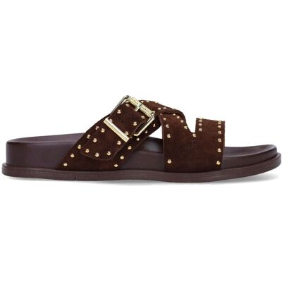Manfield Bruine Suède Slippers Met Studs Met Plateau Zool Met Gespsluiting - Maat 42 bruin Manfield Bruine Suède Slippers Met Studs Met Plateau Zool Met Gespsluiting - Maat 42 bruin