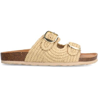 Manfield Beige Raffia Slippers Met Plateau Zool Met Gespsluiting - Maat 41 beige Manfield Beige Raffia Slippers Met Plateau Zool Met Gespsluiting - Maat 41 beige