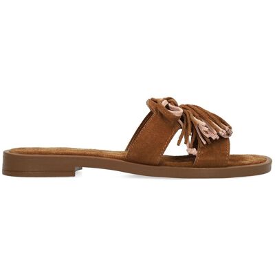 Manfield Cognac Suède Slippers Met Franjes Met Veters - Maat 41 cognac Manfield Cognac Suède Slippers Met Franjes Met Veters - Maat 41 cognac
