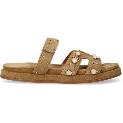 Manfield Cognac Suède Slippers Met Bandje Met Plateau Zool Met Klittenband Sluiting - Maat 36 cognac Manfield Cognac Suède Slippers Met Bandje Met Plateau Zool Met Klittenband Sluiting - Maat 36 cognac
