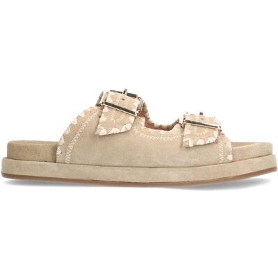 Manfield Beige Suède Slippers Met Witte Details Met Gespsluiting - Maat 43 beige Manfield Beige Suède Slippers Met Witte Details Met Gespsluiting - Maat 43 beige