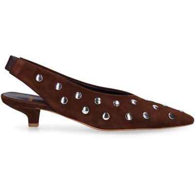 Manfield Bruine Suède Slingbacks Met Studs Met Lage Hak Van 2 Cm Met Elastieke Sluiting - Maat 41 bruin Manfield Bruine Suède Slingbacks Met Studs Met Lage Hak Van 2 Cm Met Elastieke Sluiting - Maat 41 bruin