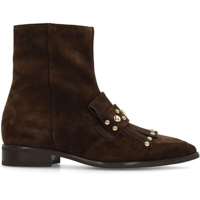 Manfield Donkerbruine Suède Enkellaarsjes Met Studs Met Blokhak Van 3 Cm Met Ritssluiting - Maat 40 bruin Manfield Donkerbruine Suède Enkellaarsjes Met Studs Met Blokhak Van 3 Cm Met Ritssluiting - Maat 40 bruin