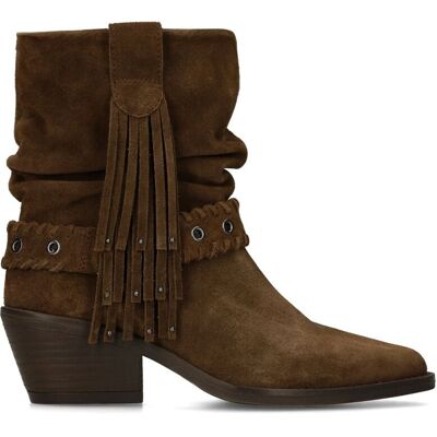 Manfield Bruine Suède Enkellaarsjes Met Boho Details Met Blokhak Van 6 Cm Met Ritssluiting - Maat 38 bruin Manfield Bruine Suède Enkellaarsjes Met Boho Details Met Blokhak Van 6 Cm Met Ritssluiting - Maat 38 bruin