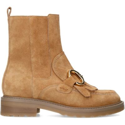 Manfield Cognac Leren Enkellaarsjes Met Lage Hak Van 4 Cm Met Ritssluiting - Maat 39 beige Manfield Cognac Leren Enkellaarsjes Met Lage Hak Van 4 Cm Met Ritssluiting - Maat 39 beige