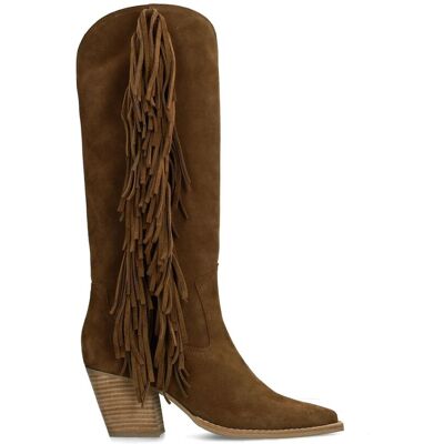 Manfield Bruine Suède Hoge Cowboy Laarzen Met Franjes Met Blokhak Van 8 Cm - Maat 36 beige Manfield Bruine Suède Hoge Cowboy Laarzen Met Franjes Met Blokhak Van 8 Cm - Maat 36 beige