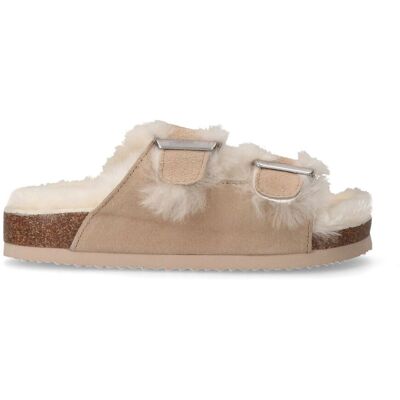 Manfield Beige Suède Slippers Met Bontvoering - Maat 36 beige Manfield Beige Suède Slippers Met Bontvoering - Maat 36 beige