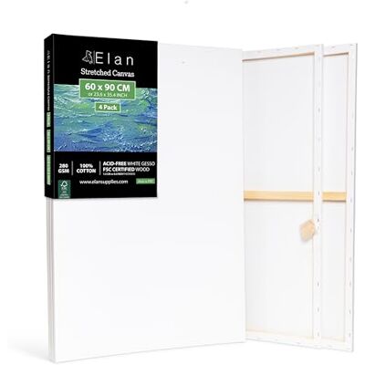 Elan canvas schilderij 60 x 90 cm, 4 stuks canvas om te schilderen, 280 g/m² Groot schilderdoek met drievoudige grondlaag, zuurvrij, van 100% katoen, ideaal voor acrylverf en gouache Elan canvas schilderij 60 x 90 cm, 4 stuks canvas om te schilderen, 280 g/m² Groot schilderdoek met drievoudige grondlaag, zuurvrij, van 100% katoen, ideaal voor acrylverf en gouache