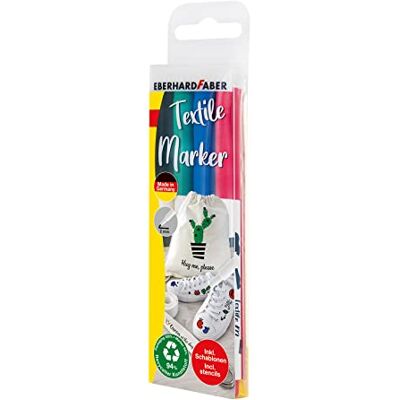 Eberhard Faber 578204 textielmarkers in heldere kleuren, lijndikte ca. 2 mm, met sjablonen, geschikt voor verschillende stoffen, wasbaar tot 60 °C na bevestiging Eberhard Faber 578204 textielmarkers in heldere kleuren, lijndikte ca. 2 mm, met sjablonen, geschikt voor verschillende stoffen, wasbaar tot 60 °C na bevestiging