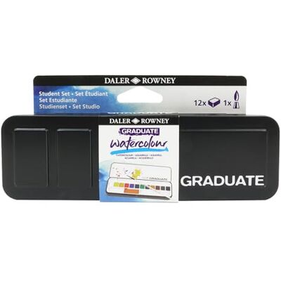 Daler Rowney Daler-Rowney Graduate Watercolour etui van karton, halve container, studentenset, 12 verschillende kleuren + 1 aquarelpenseel Aquafine Daler Rowney Daler-Rowney Graduate Watercolour etui van karton, halve container, studentenset, 12 verschillende kleuren + 1 aquarelpenseel Aquafine