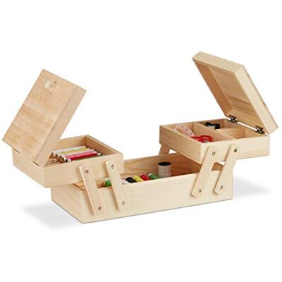 Relaxdays 5 compartimenten opvouwbare houten naaidoos zonder inhoud, handvat, natuurlijke uitstraling Afmetingen: 12 x 26 x 15,5 cm Relaxdays 5 compartimenten opvouwbare houten naaidoos zonder inhoud, handvat, natuurlijke uitstraling Afmetingen: 12 x 26 x 15,5 cm