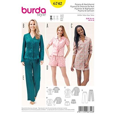 burdastyle Burda 6742 pyjamapatroon en nachthemd, wit burdastyle Burda 6742 pyjamapatroon en nachthemd, wit