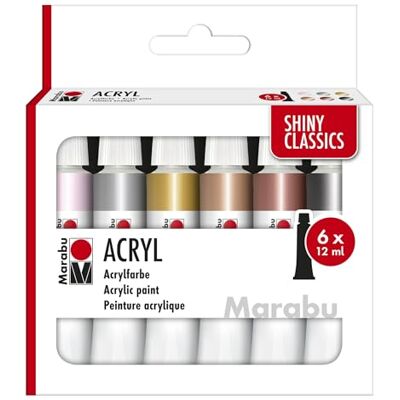 Marabu Shiny Classic 1210000000212 Acrylverf, 6 stuks, 12 ml, glinsterende metallic kleuren, gemakkelijk te schilderen, sneldrogend, lichtecht, weerbestendig Marabu Shiny Classic 1210000000212 Acrylverf, 6 stuks, 12 ml, glinsterende metallic kleuren, gemakkelijk te schilderen, sneldrogend, lichtecht, weerbestendig