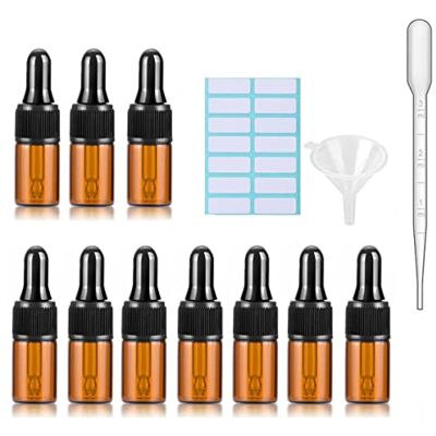 SKYPRO 10 stuks amberkleurige glazen druppelflessen met zwarte doppen, maatpipet, trechter en etiketten; glazen druppelflesjes van 3 ml voor navulbare etherische oliepijpetten SKYPRO 10 stuks amberkleurige glazen druppelflessen met zwarte doppen, maatpipet, trechter en etiketten; glazen druppelflesjes van 3 ml voor navulbare etherische oliepijpetten