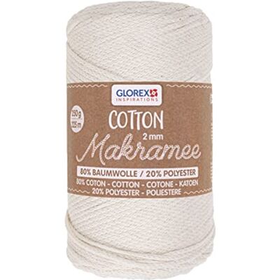 GLOREX 5 1008 01, macramékatoen, 250 g, 2 mm, lengte 225 m, kleur: crème, drievoudig gedraaid, 100% katoen, voor haken, breien, knopen en knutselen GLOREX 5 1008 01, macramékatoen, 250 g, 2 mm, lengte 225 m, kleur: crème, drievoudig gedraaid, 100% katoen, voor haken, breien, knopen en knutselen