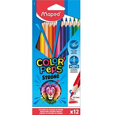 Maped Strong Color'Peps kleurpotloden, 12 ultrabestendige en ergonomische kleurpotloden, kartonnen etui met 12 potloden Maped Strong Color'Peps kleurpotloden, 12 ultrabestendige en ergonomische kleurpotloden, kartonnen etui met 12 potloden