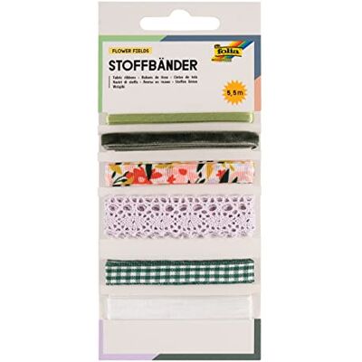 Folia 12023 stoffen lint mix "Flower Fields" met 6 verschillende linten in de kleuren groen, wit en zacht paars, knutselset voor het versieren en vormgeven Folia 12023 stoffen lint mix "Flower Fields" met 6 verschillende linten in de kleuren groen, wit en zacht paars, knutselset voor het versieren en vormgeven