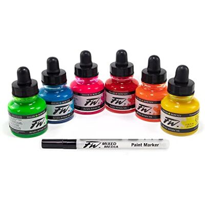 Daler Rowney DALER-ROWNEY Neon Acryl Set van 6 inkten 29,5 ml + 1 FW Mixed Media lege marker, niet van toepassing Daler Rowney DALER-ROWNEY Neon Acryl Set van 6 inkten 29,5 ml + 1 FW Mixed Media lege marker, niet van toepassing