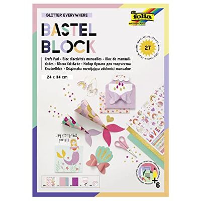 Folia Basteln 49102 Glitter Everywhere Block met 27 vellen knutselen in het formaat 24 x 34 cm, met bedrukt fotokarton, klei, glitterpapier, voorgetekende en zelfklevende vormen, meerkleurig Folia Basteln 49102 Glitter Everywhere Block met 27 vellen knutselen in het formaat 24 x 34 cm, met bedrukt fotokarton, klei, glitterpapier, voorgetekende en zelfklevende vormen, meerkleurig