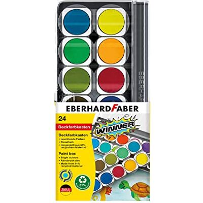 Eberhard Faber Winner 578324 dekkende verfdoos met 24 heldere kleuren in verwisselbare kleurschalen, ondoorzichtig wit en penseelvak, deksel als palet te gebruiken Eberhard Faber Winner 578324 dekkende verfdoos met 24 heldere kleuren in verwisselbare kleurschalen, ondoorzichtig wit en penseelvak, deksel als palet te gebruiken