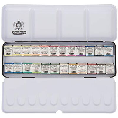 Schmincke HORADAM AQUARELL verfdoos met 24 fijnste aquarelverf, 74424097, zwart metalen doos, schilderset, premium aquarelverf, 24 x 1/2 cel Schmincke HORADAM AQUARELL verfdoos met 24 fijnste aquarelverf, 74424097, zwart metalen doos, schilderset, premium aquarelverf, 24 x 1/2 cel
