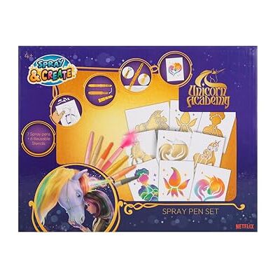 Unicorn Academy Airbrush-schilderset met 7 blaaspennen en 6 sjablonen, magische potloden voor kinderen, creatieve knutselset met spuitpennen, officieel cadeau voor fans van Unicorn Academy Airbrush-schilderset met 7 blaaspennen en 6 sjablonen, magische potloden voor kinderen, creatieve knutselset met spuitpennen, officieel cadeau voor fans van