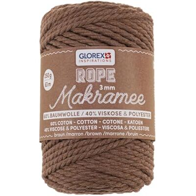 GLOREX 5 1007 31 macramé touw, gedraaid, superzacht, 60% katoen, 40% viscose, bruin, lengte 63 m, 3 mm, 250 g GLOREX 5 1007 31 macramé touw, gedraaid, superzacht, 60% katoen, 40% viscose, bruin, lengte 63 m, 3 mm, 250 g