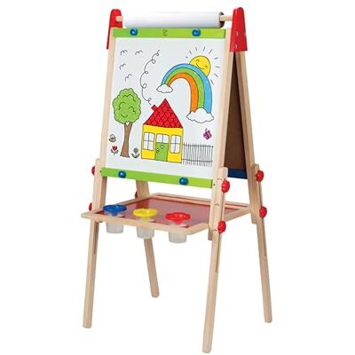 Hape alles-in-één houten schildersezel, met twee zijden, in hoogte verstelbaar, met papierrol, krijtbord en white board, magneten en 3 verfpotten Hape alles-in-één houten schildersezel, met twee zijden, in hoogte verstelbaar, met papierrol, krijtbord en white board, magneten en 3 verfpotten