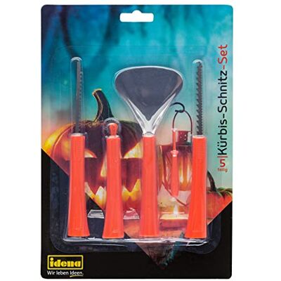 Idena 31284 Pompoen snijset voor kinderen, bestaande uit schep, 2 zagen, draaimes en schraper, perfect voor het graven en maken van Halloween-pompoenen Idena 31284 Pompoen snijset voor kinderen, bestaande uit schep, 2 zagen, draaimes en schraper, perfect voor het graven en maken van Halloween-pompoenen