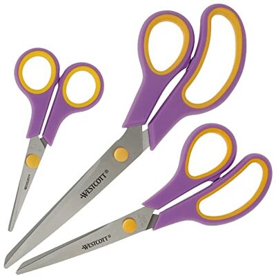 Westcott 3 paar roestvrijstalen schaar met zachte handgreep, paars/geel, 13,7 cm, 20,3 cm en 24,6 cm Westcott 3 paar roestvrijstalen schaar met zachte handgreep, paars/geel, 13,7 cm, 20,3 cm en 24,6 cm