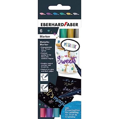 Eberhard Faber 558406 metallic marker met penseelpunt, 6 stuks, voor glas, donker papier, 6 stuks Eberhard Faber 558406 metallic marker met penseelpunt, 6 stuks, voor glas, donker papier, 6 stuks