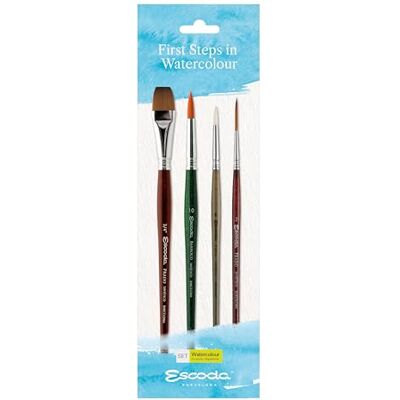 Escoda Aquarel First Steps in Aquarelset eerste stappenselenset 4 penselen maat #3/4 inch, 10,6,2 kunstvezel plat, rond met punt, schroefdraad Escoda Aquarel First Steps in Aquarelset eerste stappenselenset 4 penselen maat #3/4 inch, 10,6,2 kunstvezel plat, rond met punt, schroefdraad