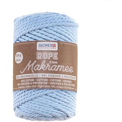 GLOREX 5 1007 33 macramétouw, superzacht gedraaid, 60% katoen, 40% viscose, lichtblauw, lengte 63 m, 3 mm, 250 g GLOREX 5 1007 33 macramétouw, superzacht gedraaid, 60% katoen, 40% viscose, lichtblauw, lengte 63 m, 3 mm, 250 g