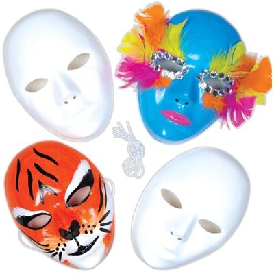 Baker Ross Set van 6 blanco plastic maskers E1144 – versier je eigen masker is het ideale accessoire voor Halloween-kostuums, verkleedpartijen, feestjes en meer, effen wit Baker Ross Set van 6 blanco plastic maskers E1144 – versier je eigen masker is het ideale accessoire voor Halloween-kostuums, verkleedpartijen, feestjes en meer, effen wit