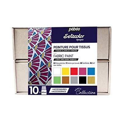 PEBEO Pébéo Setacolor Set ondoorzichtige collectie – textielverfset – 10 flessen van 45 ml gesorteerd + 1 tube Setacolor 3D Gloss 20 ml zwart + 1 marker 7A + accessoires + creatieve handleiding PEBEO Pébéo Setacolor Set ondoorzichtige collectie – textielverfset – 10 flessen van 45 ml gesorteerd + 1 tube Setacolor 3D Gloss 20 ml zwart + 1 marker 7A + accessoires + creatieve handleiding