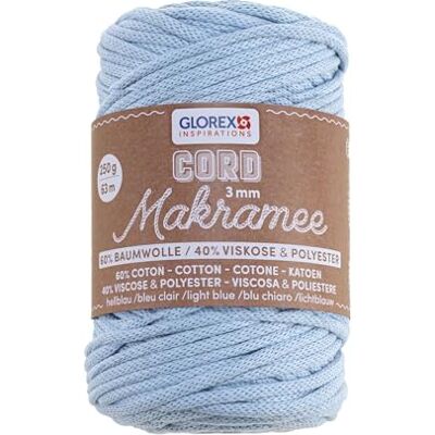 GLOREX 5 1006 33 macramé koord 3 mm, 250 g, lichtblauw, lengte 63 m, geweven textielgaren, 60% katoen, 40% viscose en polyester, voor haken, breien, knopen en knutselen GLOREX 5 1006 33 macramé koord 3 mm, 250 g, lichtblauw, lengte 63 m, geweven textielgaren, 60% katoen, 40% viscose en polyester, voor haken, breien, knopen en knutselen