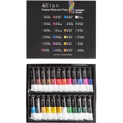 Elan Aquarelverfset van tube, 24 tubes aquarelverf, 12 ml, doos met aquarelverf van tube voor canvas Elan Aquarelverfset van tube, 24 tubes aquarelverf, 12 ml, doos met aquarelverf van tube voor canvas