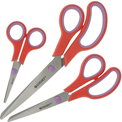 Westcott 3 paar roestvrijstalen schaar met zachte handgreep, rood/paars, 13,7 cm, 20,3 cm en 24,6 cm Westcott 3 paar roestvrijstalen schaar met zachte handgreep, rood/paars, 13,7 cm, 20,3 cm en 24,6 cm