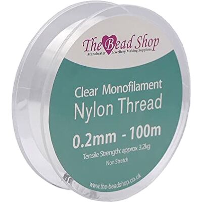 The Bead Shop 0,2 mm transparante nylondraadspoel, onzichtbare draad voor het ophangen van decoratie, naaien, kralen, treksterkte van 3,2 kg, spoel van 100 m The Bead Shop 0,2 mm transparante nylondraadspoel, onzichtbare draad voor het ophangen van decoratie, naaien, kralen, treksterkte van 3,2 kg, spoel van 100 m