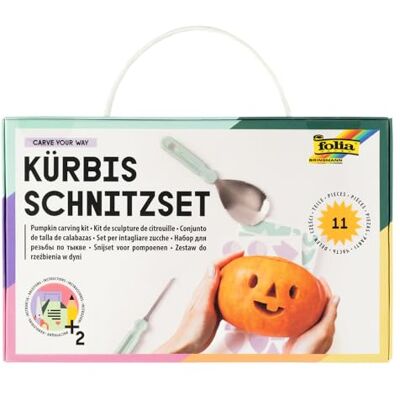 Folia 23008 Pompoen snijset van metaal met 4 snijgereedschappen voor kinderen en volwassenen, met sjablonen en stickers Folia 23008 Pompoen snijset van metaal met 4 snijgereedschappen voor kinderen en volwassenen, met sjablonen en stickers