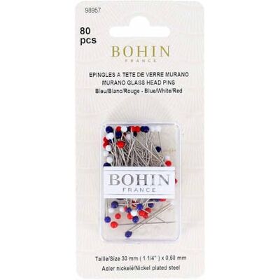 Bohin blauw/rood/wit (30 x 0,60 mm) glazen kop spelden – 80 stuks Bohin blauw/rood/wit (30 x 0,60 mm) glazen kop spelden – 80 stuks
