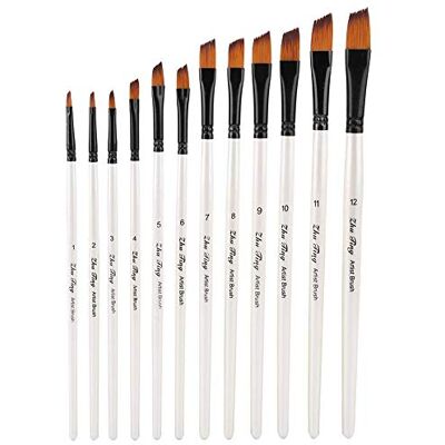 Hztyyier 12 stuks verfkwasten, nylon verfborstels, platte schuine borstelharen voor aquarelolie Hztyyier 12 stuks verfkwasten, nylon verfborstels, platte schuine borstelharen voor aquarelolie