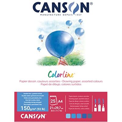 Canson Colorline, gekleurd tekenpapier, dubbelzijdig: generfd en glad, 150 g/m², 92 lb, klein gelijmd blok, A4-21 x 29,7 cm, 5 verschillende kleuren, 25 vellen Canson Colorline, gekleurd tekenpapier, dubbelzijdig: generfd en glad, 150 g/m², 92 lb, klein gelijmd blok, A4-21 x 29,7 cm, 5 verschillende kleuren, 25 vellen