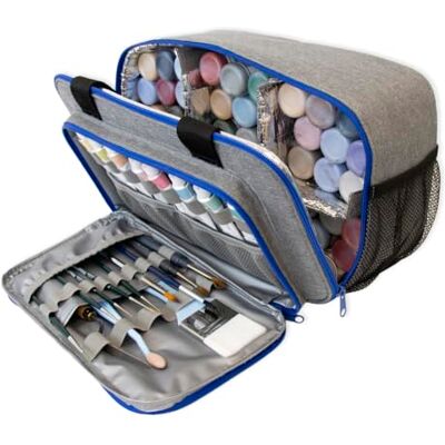 Hartem Opbergtas voor acrylverf, inhoud van 54 flessen van 60 ml, binnenkant van aluminium, vak voor verfbuizen en penselen en gevoerde handgreep Hartem Opbergtas voor acrylverf, inhoud van 54 flessen van 60 ml, binnenkant van aluminium, vak voor verfbuizen en penselen en gevoerde handgreep