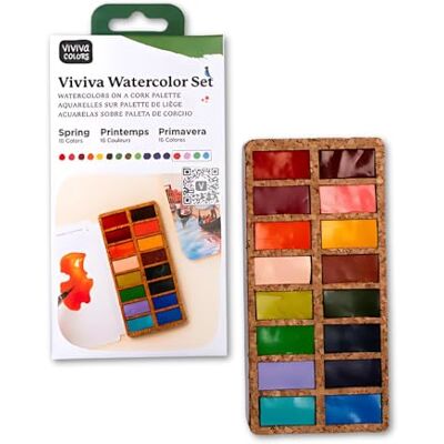 Viviva Colors Viviva VV276051 aquarelset met 16 lichtbestendige en levendige kleuren van kurkpaletten voor buiten en onderweg, handgemaakt, 16 lentekleuren Viviva Colors Viviva VV276051 aquarelset met 16 lichtbestendige en levendige kleuren van kurkpaletten voor buiten en onderweg, handgemaakt, 16 lentekleuren