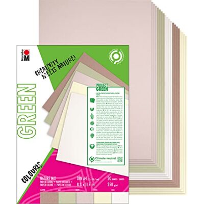 Marabu 161200000600 Green Line 20 vellen A4 Nature Mix papier, 5 kleuren, mat, 250 g/m², zuur- en koolstofvrij, biologisch afbreekbaar, 1612000000600, meerkleurig Marabu 161200000600 Green Line 20 vellen A4 Nature Mix papier, 5 kleuren, mat, 250 g/m², zuur- en koolstofvrij, biologisch afbreekbaar, 1612000000600, meerkleurig