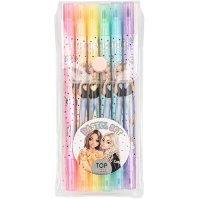 Depesche 13385 Topmodel viltstiften in pastelkleuren, 6 stuks in etui, dubbele viltstiften met een brede en een fijne kant Depesche 13385 Topmodel viltstiften in pastelkleuren, 6 stuks in etui, dubbele viltstiften met een brede en een fijne kant